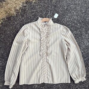 Vintage tan/ brown stripe ruffle button up blouse - long sleeve